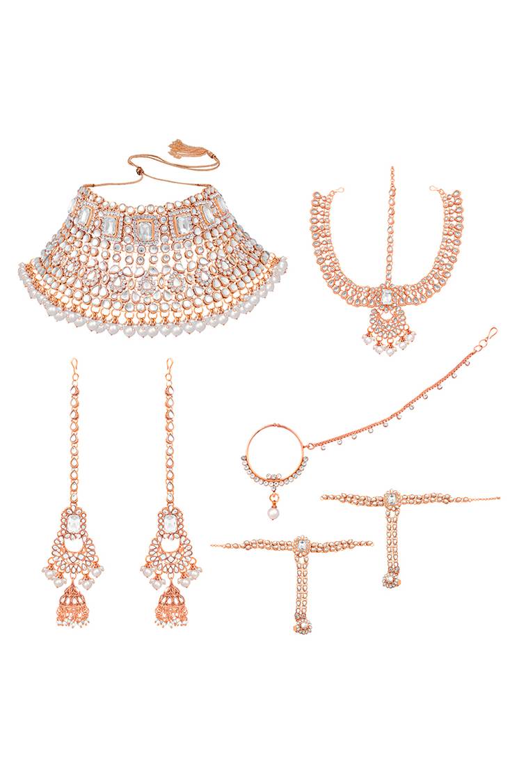 Rose gold plated kundan crystal & beads studded bridal necklace earrings maangtikka hath panja nathiya