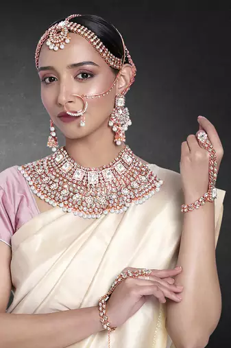 Rose gold plated kundan crystal & beads studded bridal necklace earrings maangtikka hath panja nathiya