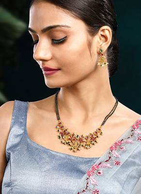 Gold plated cubic zirconia synthetic stone & black beads studded mangalsutra & dangle earrings jewellery 3