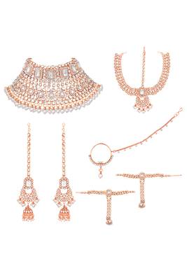 Rose gold plated kundan crystal & beads studded bridal necklace earrings maangtikka hath panja nathiya 3