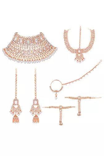 Rose gold plated kundan crystal & beads studded bridal necklace earrings maangtikka hath panja nathiya