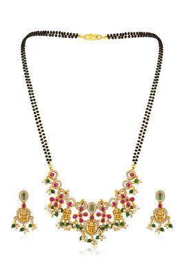 Gold plated cubic zirconia synthetic stone & black beads studded mangalsutra & dangle earrings jewellery 4