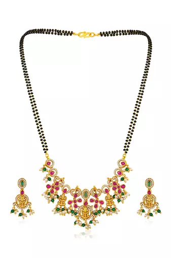 Gold plated cubic zirconia synthetic stone & black beads studded mangalsutra & dangle earrings jewellery