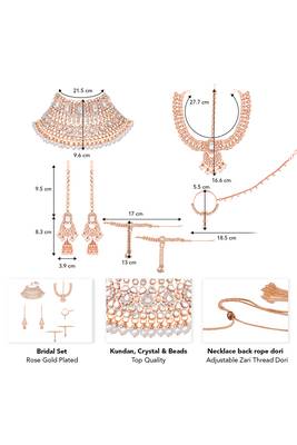 Rose gold plated kundan crystal & beads studded bridal necklace earrings maangtikka hath panja nathiya 4