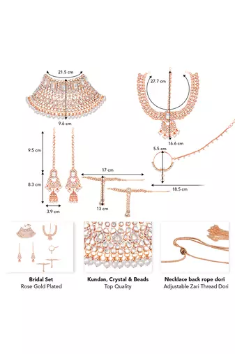 Rose gold plated kundan crystal & beads studded bridal necklace earrings maangtikka hath panja nathiya