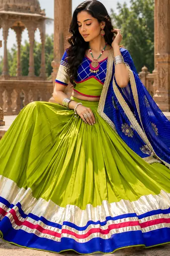 Green Pure Cotton Navratri Lehenga Choli with Vintage Dupatta