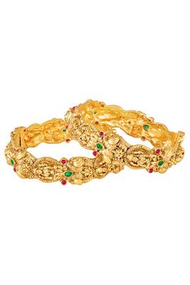 Gold plated faux ruby faux emerald studded ethnic bangles jewellery for women (size - 2.6 inch) 3