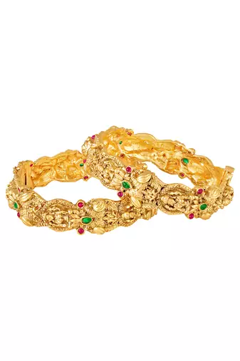 Gold plated faux ruby faux emerald studded ethnic bangles jewellery for women (size - 2.6 inch)