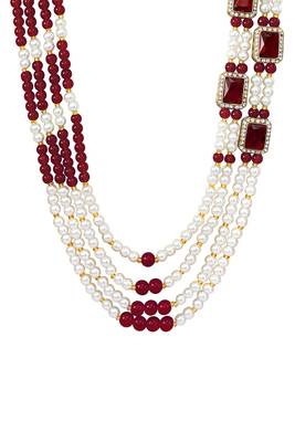 Gold plated crystal & beads studded maroon white necklace mala sherwani groom's haar ethnic jewellery for men 1