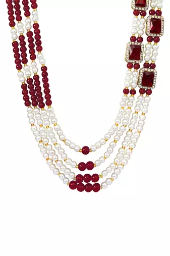 Gold plated crystal & beads studded maroon white necklace mala sherwani groom's haar ethnic jewellery for men