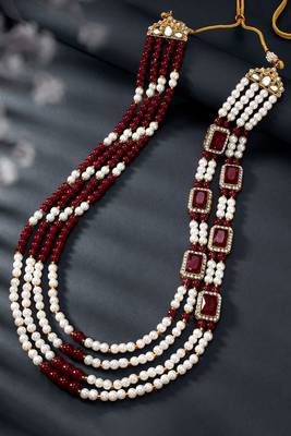 Gold plated crystal & beads studded maroon white necklace mala sherwani groom's haar ethnic jewellery for men 2