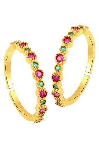 Gold plated green rani pink cubic zirconia studded adjustable toe ring stylish fancy daily regular