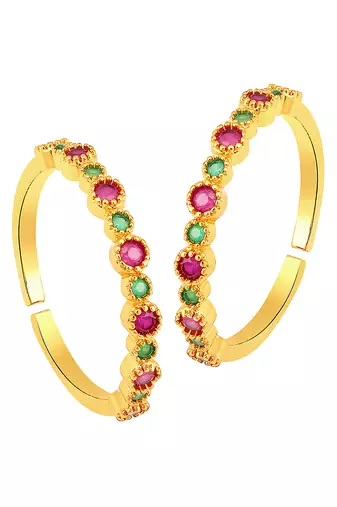 Gold plated green rani pink cubic zirconia studded adjustable toe ring stylish fancy daily regular
