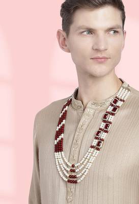 Gold plated crystal & beads studded maroon white necklace mala sherwani groom's haar ethnic jewellery for men 3