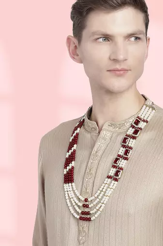 Gold plated crystal & beads studded maroon white necklace mala sherwani groom's haar ethnic jewellery for men