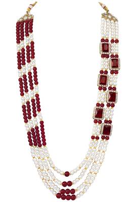 Gold plated crystal & beads studded maroon white necklace mala sherwani groom's haar ethnic jewellery for men 4
