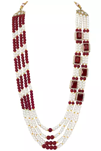 Gold plated crystal & beads studded maroon white necklace mala sherwani groom's haar ethnic jewellery for men