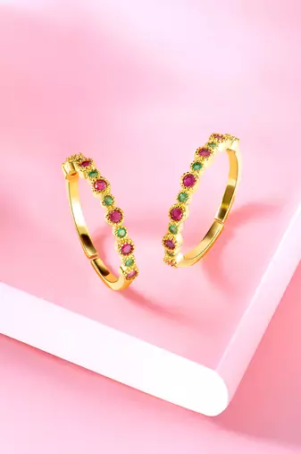 Gold plated green rani pink cubic zirconia studded adjustable toe ring stylish fancy daily regular