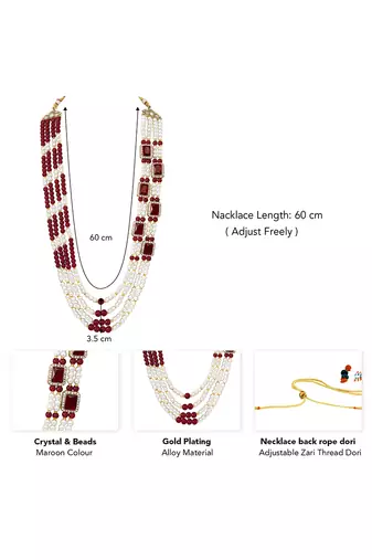 Gold plated crystal & beads studded maroon white necklace mala sherwani groom's haar ethnic jewellery for men