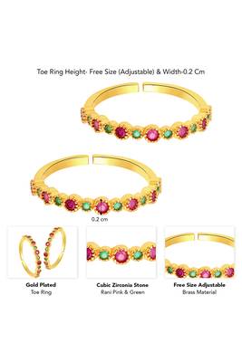 Gold plated green rani pink cubic zirconia studded adjustable toe ring stylish fancy daily regular 4
