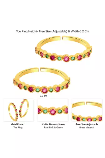 Gold plated green rani pink cubic zirconia studded adjustable toe ring stylish fancy daily regular