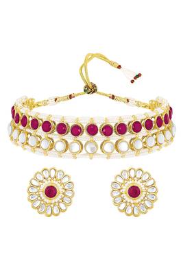 Gold plated kundan synthetic stone & beads studded rani pink necklace & round stud earrings set 1