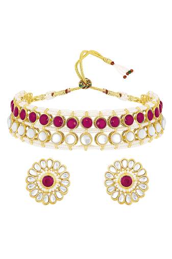 Gold plated kundan synthetic stone & beads studded rani pink necklace & round stud earrings set
