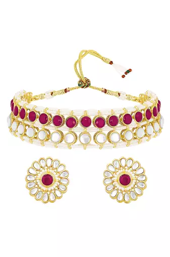 Gold plated kundan synthetic stone & beads studded rani pink necklace & round stud earrings set