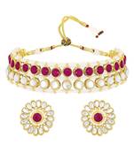 Gold plated kundan synthetic stone & beads studded rani pink necklace & round stud earrings set