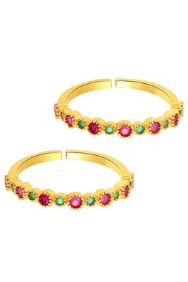 Gold plated green rani pink cubic zirconia studded adjustable toe ring stylish fancy daily regular 5