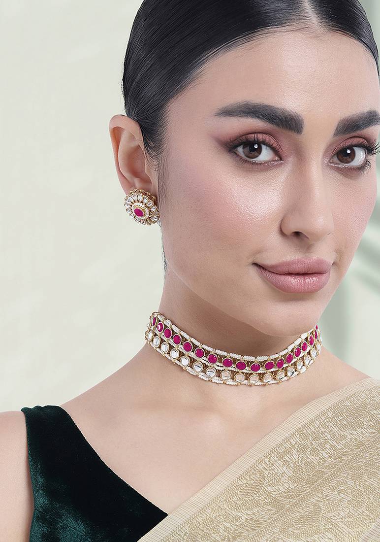 Gold plated kundan synthetic stone & beads studded rani pink necklace & round stud earrings set