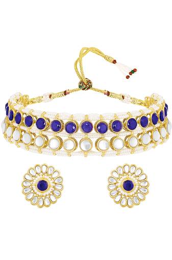 Gold plated kundan synthetic stone & beads studded blue necklace & round stud earrings set