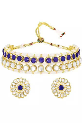 Gold plated kundan synthetic stone & beads studded blue necklace & round stud earrings set