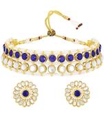 Gold plated kundan synthetic stone & beads studded blue necklace & round stud earrings set