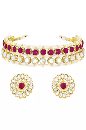 Gold plated kundan synthetic stone & beads studded rani pink necklace & round stud earrings set
