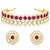 Gold plated kundan synthetic stone & beads studded rani pink necklace & round stud earrings set