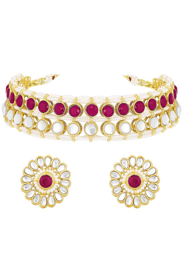 Gold plated kundan synthetic stone & beads studded rani pink necklace & round stud earrings set