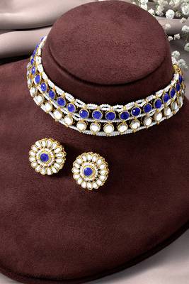 Gold plated kundan synthetic stone & beads studded blue necklace & round stud earrings set 2