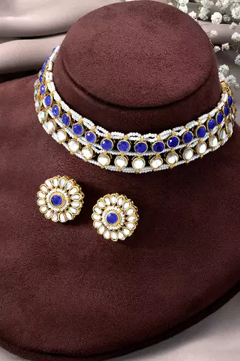 Gold plated kundan synthetic stone & beads studded blue necklace & round stud earrings set