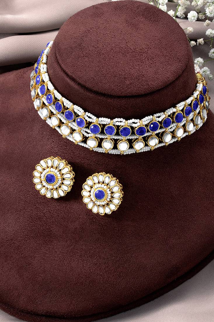 Gold plated kundan synthetic stone & beads studded blue necklace & round stud earrings set