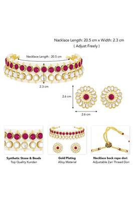 Gold plated kundan synthetic stone & beads studded rani pink necklace & round stud earrings set 4