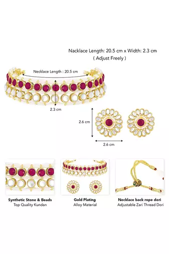 Gold plated kundan synthetic stone & beads studded rani pink necklace & round stud earrings set