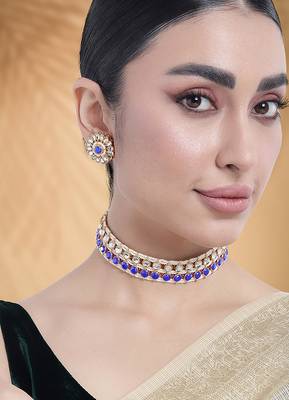 Gold plated kundan synthetic stone & beads studded blue necklace & round stud earrings set 3