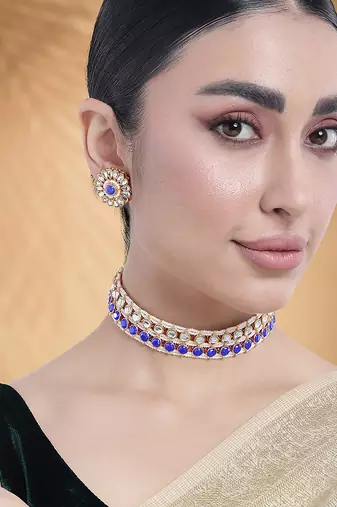 Gold plated kundan synthetic stone & beads studded blue necklace & round stud earrings set