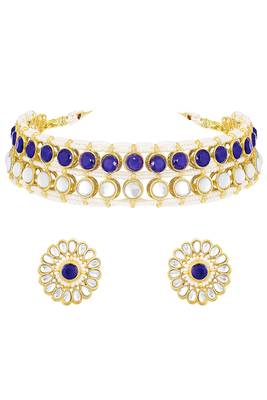 Gold plated kundan synthetic stone & beads studded blue necklace & round stud earrings set 4