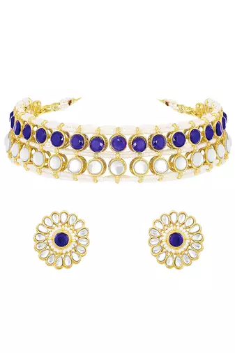 Gold plated kundan synthetic stone & beads studded blue necklace & round stud earrings set