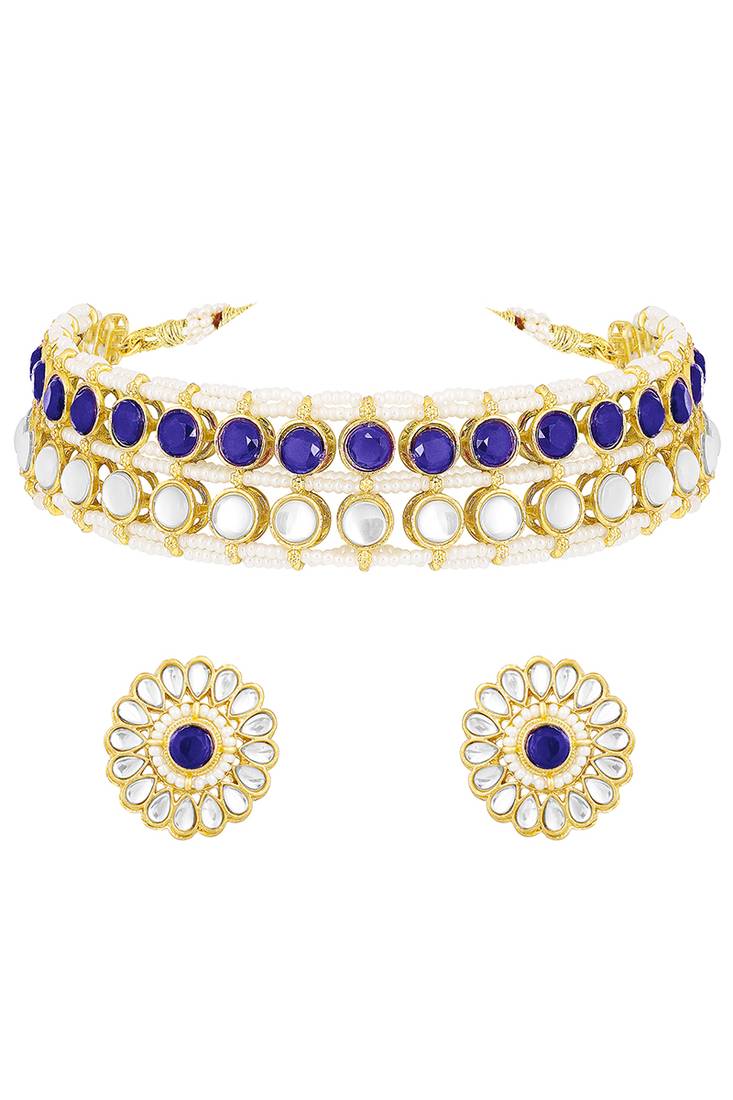 Gold plated kundan synthetic stone & beads studded blue necklace & round stud earrings set