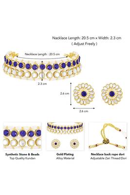 Gold plated kundan synthetic stone & beads studded blue necklace & round stud earrings set 5