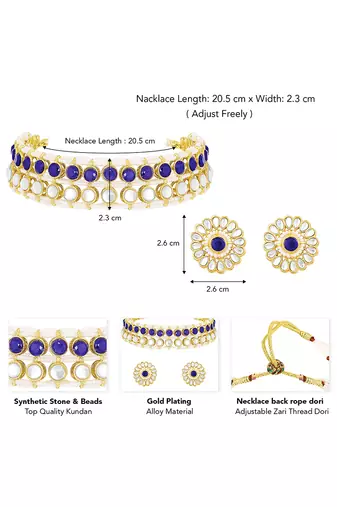 Gold plated kundan synthetic stone & beads studded blue necklace & round stud earrings set