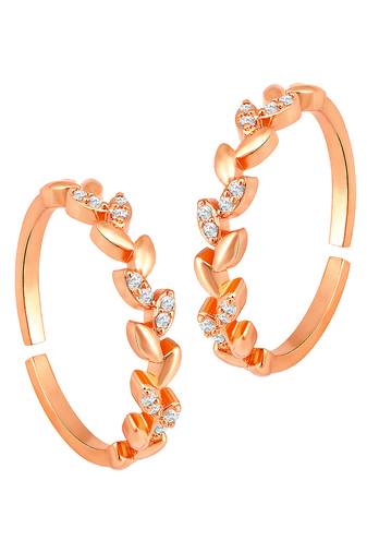Rose gold plated cubic zirconia studded leaf style adjustable toe ring stylish